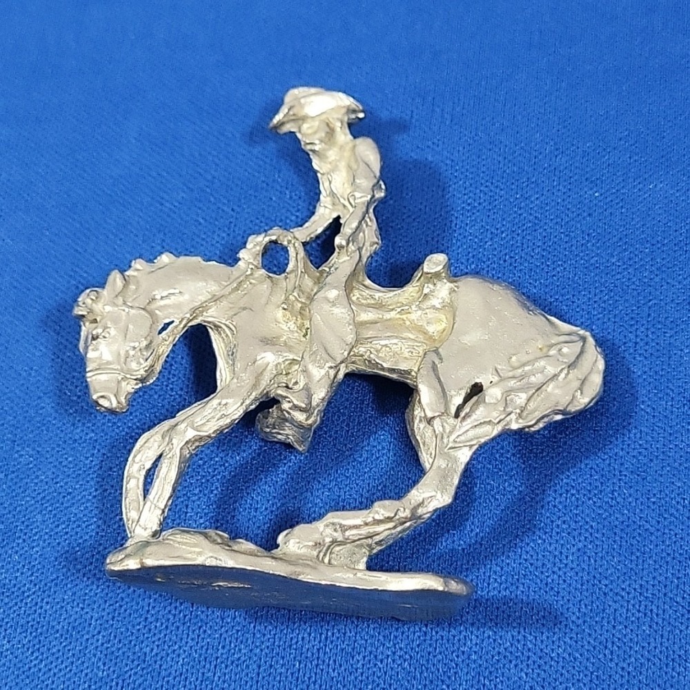 Cast Metal‎ Figurine Cowboy Rodeo Bronco Silver-tone Miniature Western Souvenir